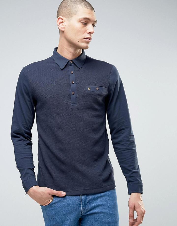 Farah Lester Logo Long Sleeve Polo Shirt - Navy
