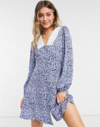 New Look Embroidered Collar Mini Dress In Blue Ditsy Floral-blues