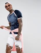 Asos Muscle T-shirt In Velour With Contrast Binding In Navy - Navy
