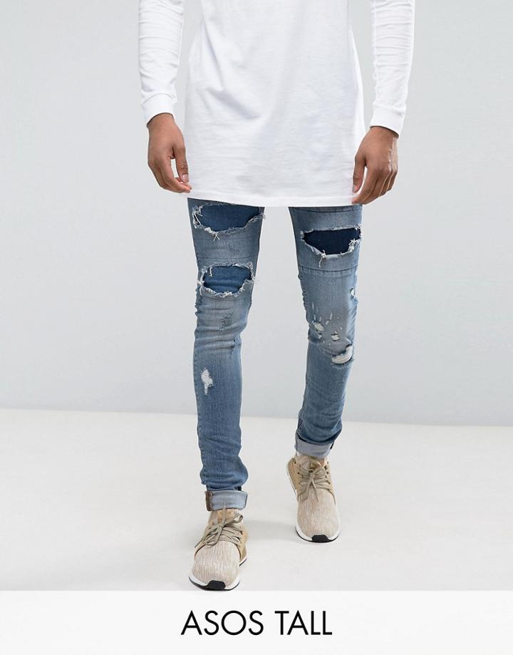 Asos Tall Super Skinny Jeans With Rips In Mid Wash - Blue