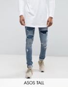 Asos Tall Super Skinny Jeans With Rips In Mid Wash - Blue