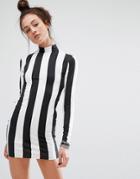 Motel Bodycon Dress With Long Sleeve In Monochrome Stripe - Black