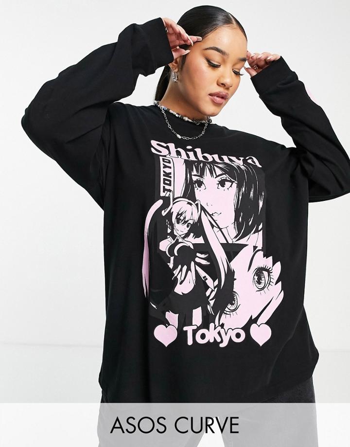 Asos Design Curve Oversized T-shirt With Long Sleeve Tokyo Comic Print In Washed Charcoal-gray