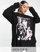 Asos Design Curve Oversized T-shirt With Long Sleeve Tokyo Comic Print In Washed Charcoal-gray