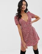 Motel Wrap Dress With Button Front In Ditsy Floral - Red