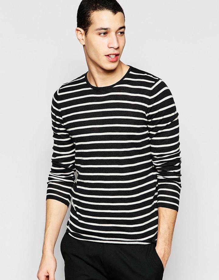 Selected Homme Premium Cotton Stripe Knitted Sweater - Black