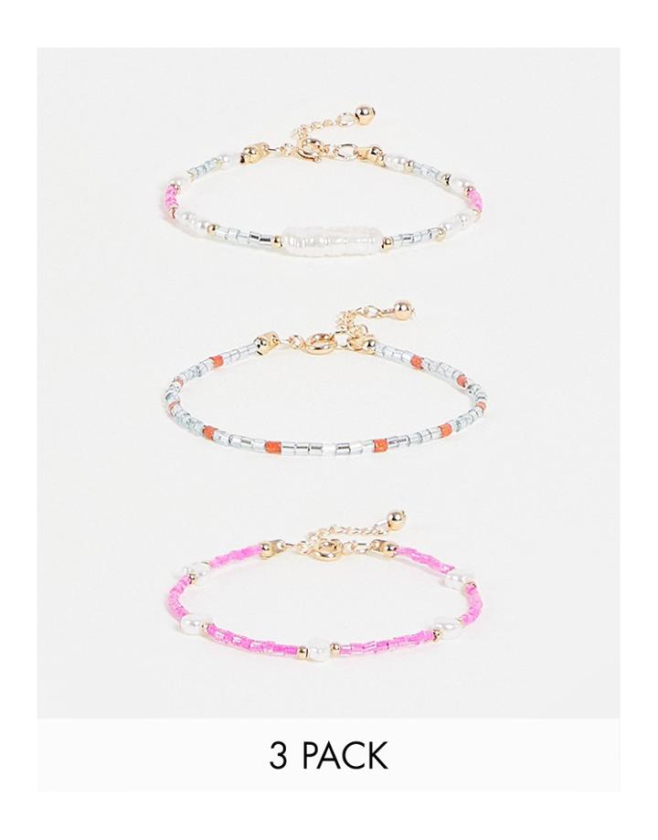 Asos Design 3-pack Bracelets With Beaded Design And Pearls In Gold Tone