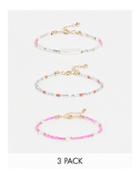 Asos Design 3-pack Bracelets With Beaded Design And Pearls In Gold Tone