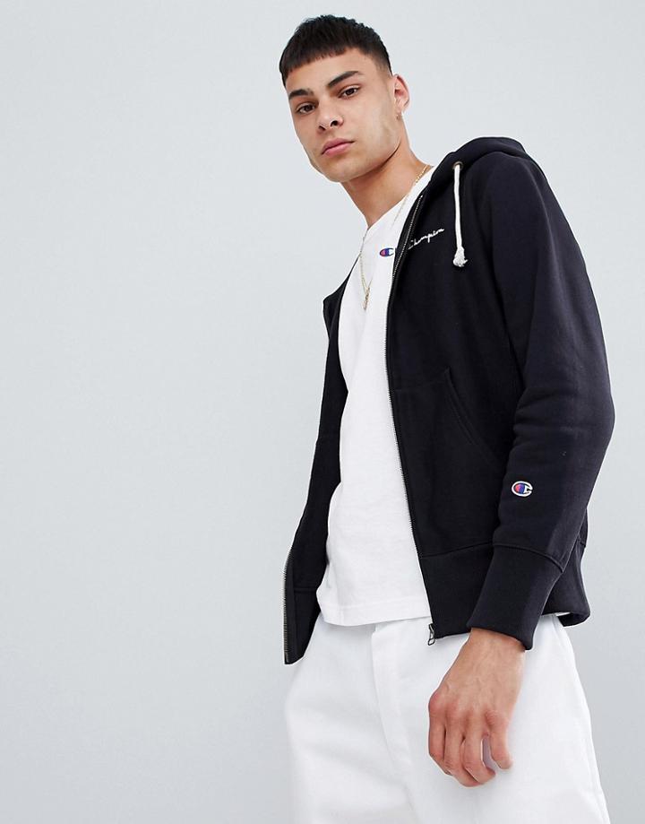 Champion Zip Through Hoodie With Hood Logo In Black - Black