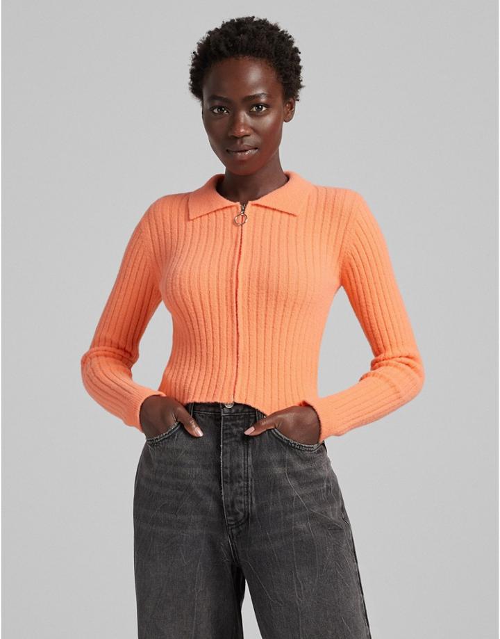 Bershka Polo Collar Zip Up Sweater In Orange