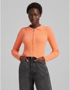 Bershka Polo Collar Zip Up Sweater In Orange