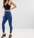 Asos Petite Rivington High Waist Denim Jeggings In Hazel Soft Acid Wash With Two Ripped Knees - Blue