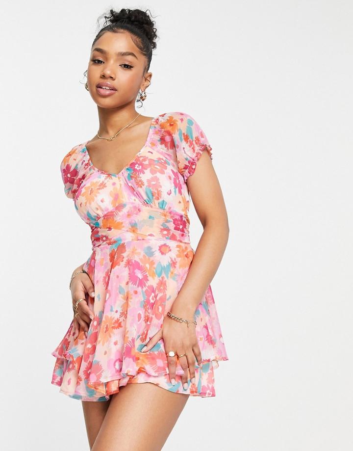 Miss Selfridge Chiffon Bow Back Rara Romper In Cluster Floral-multi