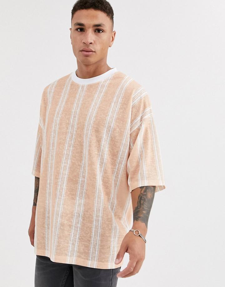 Asos Design Oversized Linen Look T-shirt In Vertical Stripe-multi