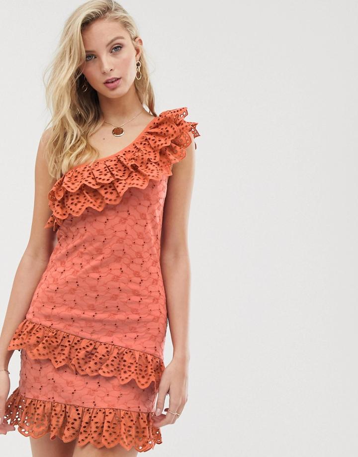 Asos Design Tiered One Shoulder Broderie Sundress - Orange