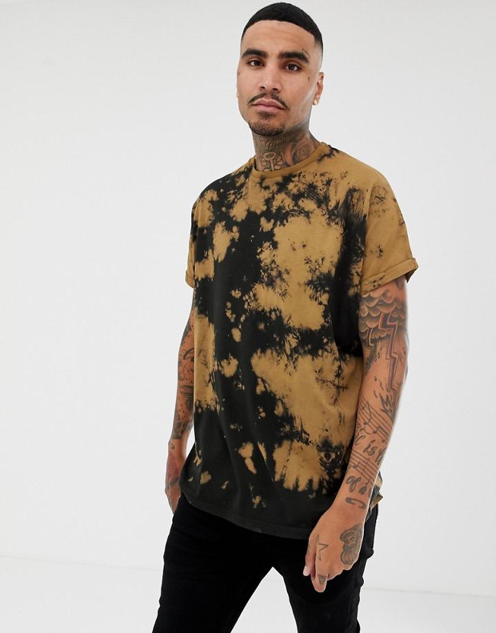 Asos Design Oversized Longline T-shirt With Roll Sleeve In Grungey Tie Dye - Brown