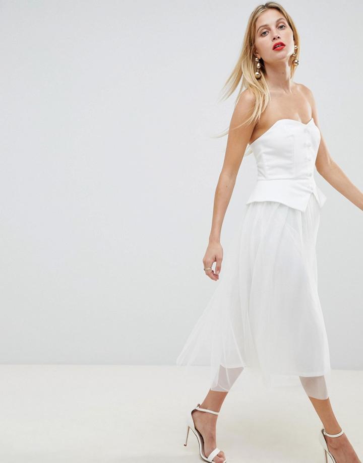 Asos Design Tux Tulle Midi Dress - White