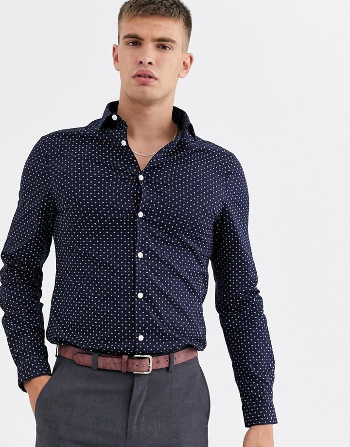 Asos Design Slim Fit Navy Ditsy Print Work Shirt In Navy