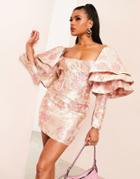Asos Luxe Jacquard Midi Dress With Triple Ruffle Shoulder In Pink-multi