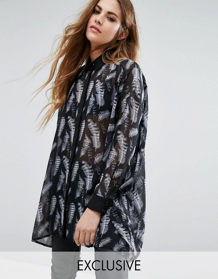 Religion Sheer Shirt In Skeleton Feather Print - Black