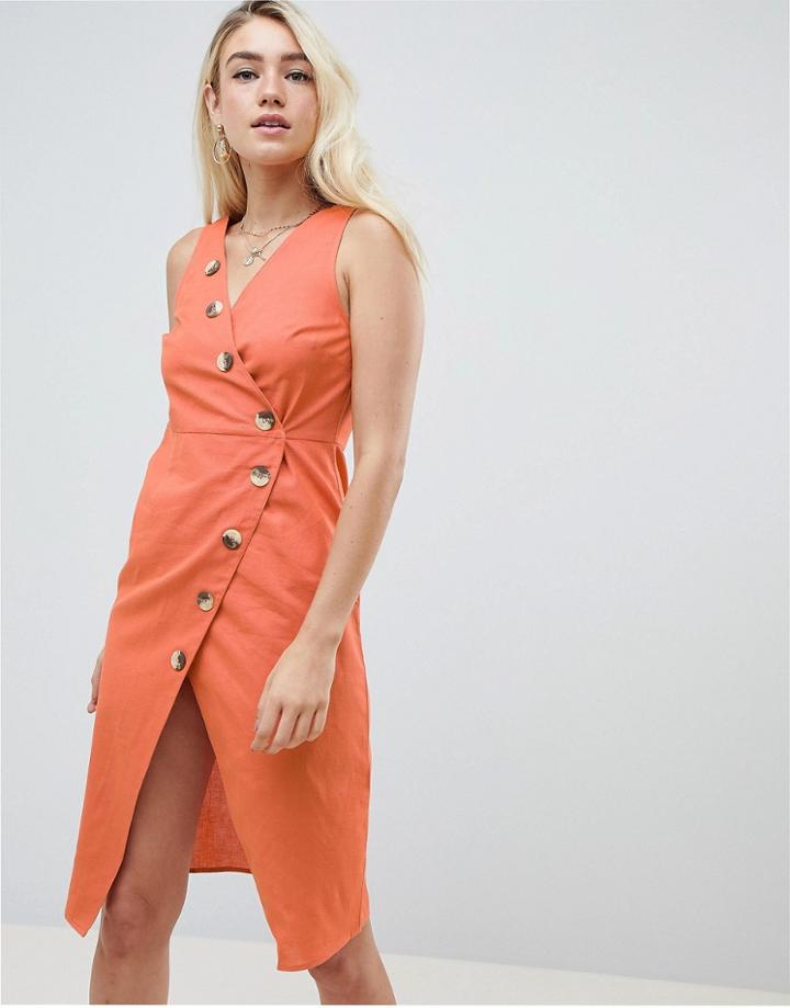 Asos Design Linen Button Through Wrap Midi Sundress-red