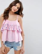 Asos Gingham Double Layer Cami With Embroidery - Multi