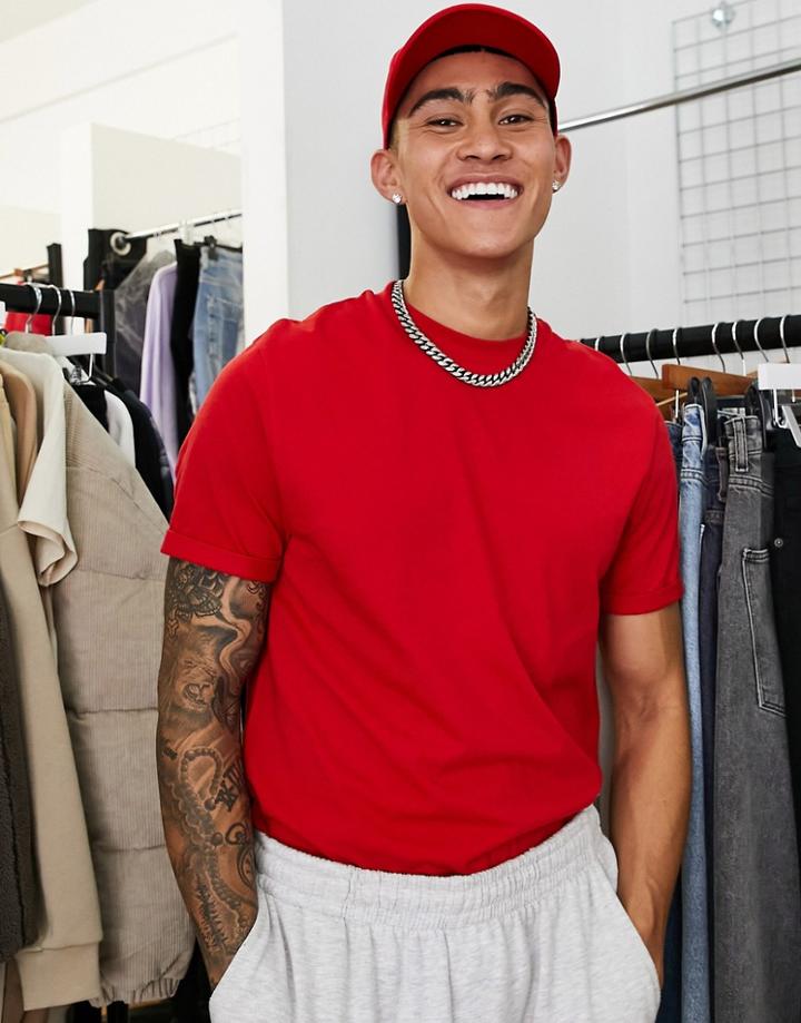 Asos Design Organic Cotton Blend T-shirt With Roll Sleeves In Red