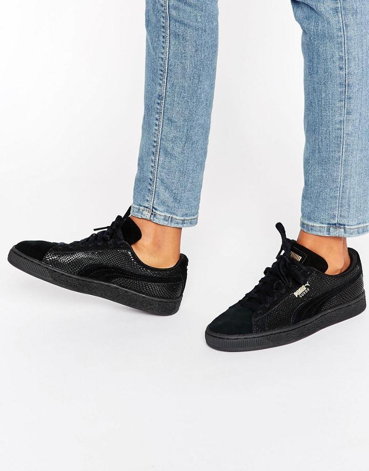 Puma Classic Suede Basket Sneakers In All Black Metallic - Black