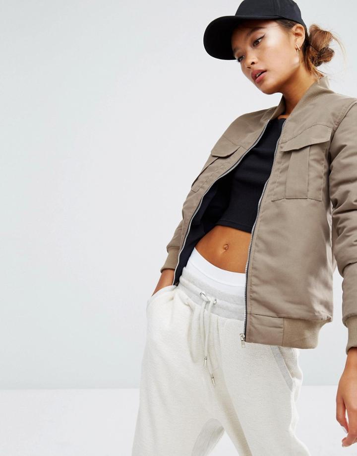 Daisy Street Bomber Jacket With Pockets - Stone Khaki