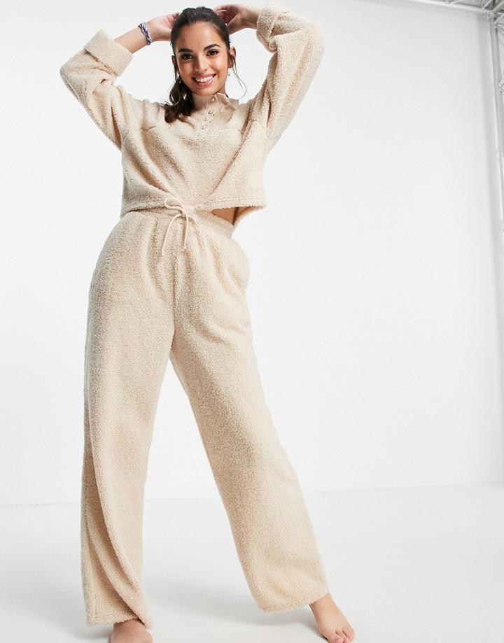 Asos Design Lounge Mix & Match Borg Straight Leg Pants In Beige-neutral