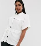 Pink Clove Belted Shirt In Texture With Faux Horn Buttons-white