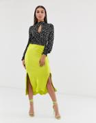 Asos Design Bias Cut Satin Midi Skirt With Splits-green