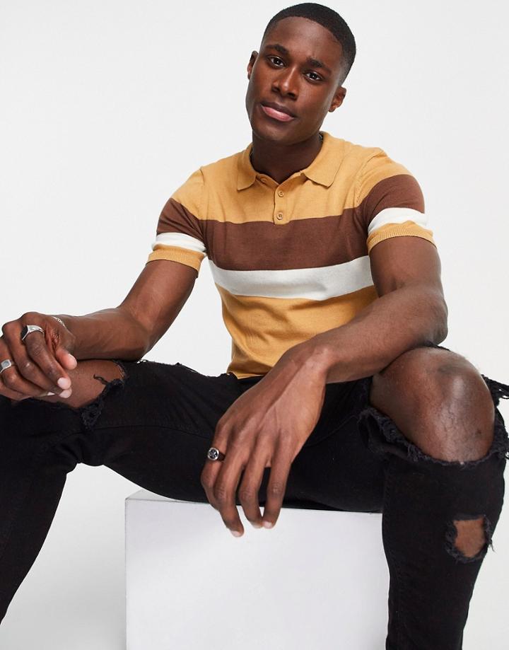 Asos Design Knitted Muscle Fit Polo With Chest Stripes In Tan-brown