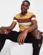 Asos Design Knitted Muscle Fit Polo With Chest Stripes In Tan-brown