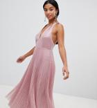 Asos Design Petite Midi Dress In Pleated Sequin - Pink