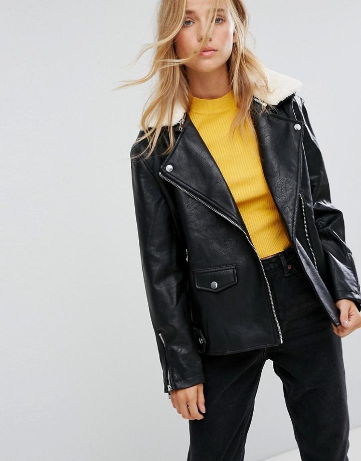 Bershka Faux Leather Long Line Biker Jacket - Black