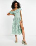 Asos Design Premium One Shoulder Midi Dress In Patched Lace In Sage-green