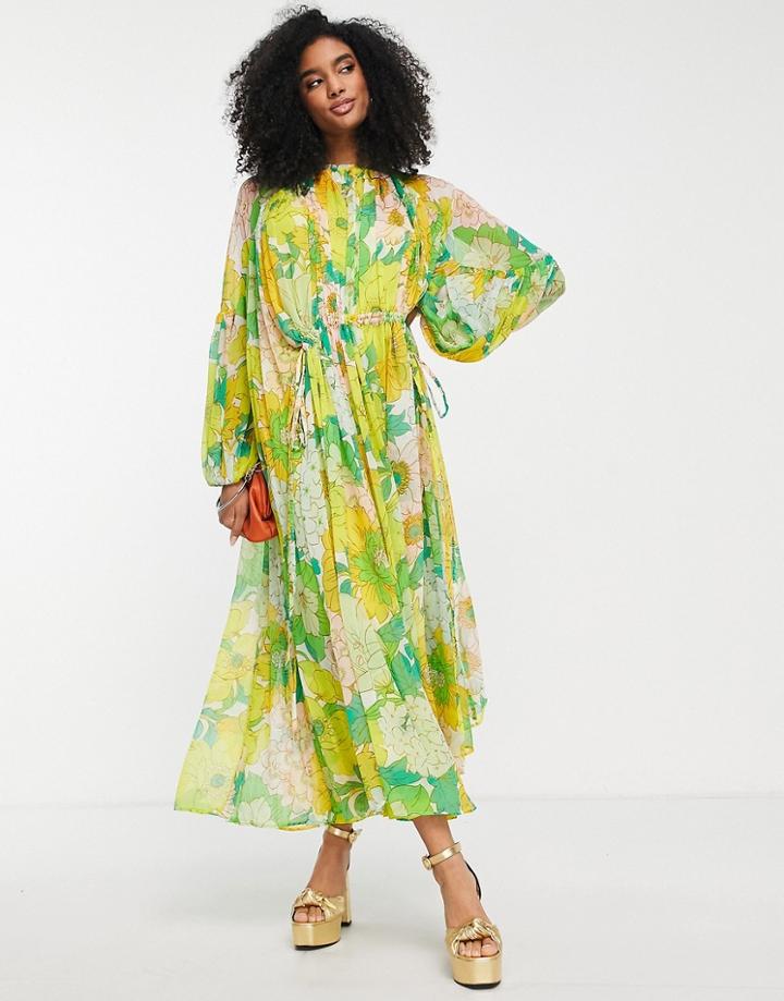 Asos Edition Gathered Neck Midi Dress In Retro Floral Print-multi
