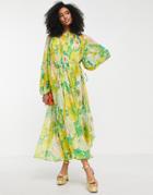 Asos Edition Gathered Neck Midi Dress In Retro Floral Print-multi