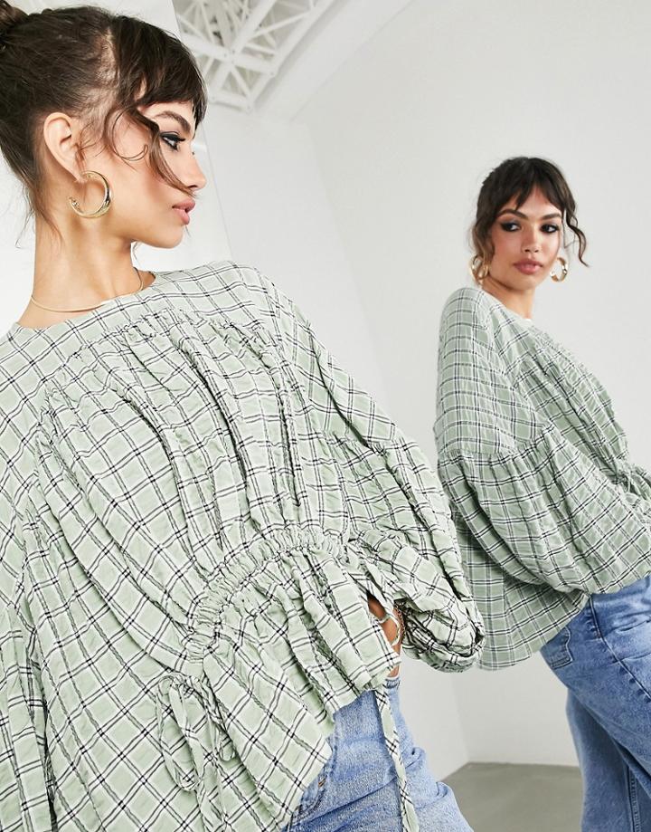 Asos Edition Smock Top With Gathered Detail In Green Check-multi