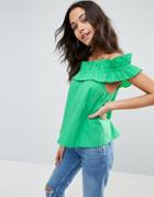 Asos Off Shoulder Top In Cotton With Ruched Edge - Green