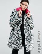 Asos Petite Faux Fur Coat In Leopard Print With Bright Collar - Multi