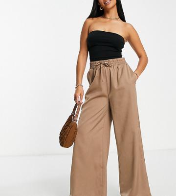 Lola May Petite Straight Leg Pants With Drawstring Waist In Chocolate Brown
