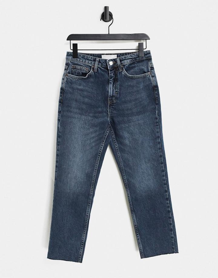 Topshop Raw Hem Straight Jeans In Smoke Blue-blues