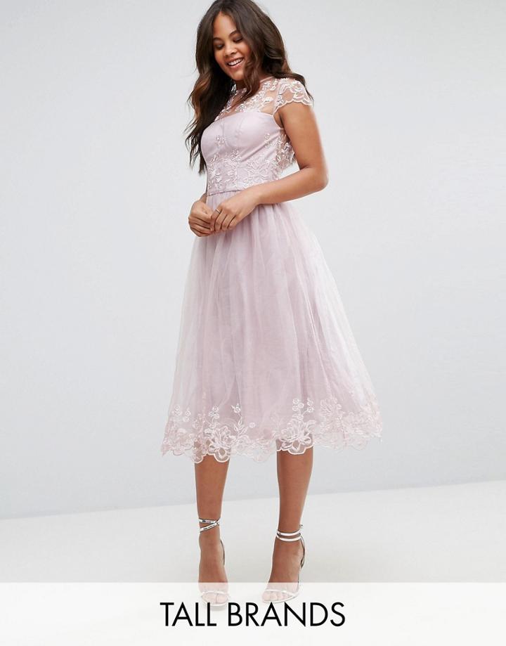 Chi Chi London Tall Premium Lace Midi Prom Dress With Lace Neck - Brown