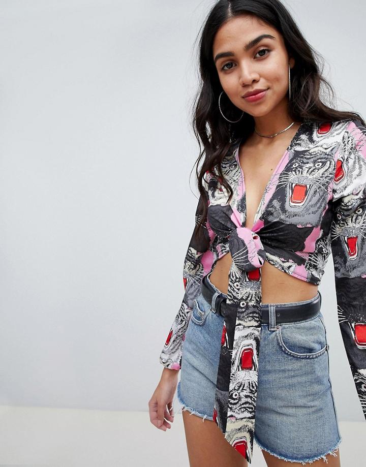 Missguided Tiger Print Tie Front Blouse - Multi