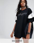 Milk It Vintage Oversize T-shirt Dress With Frill Sleeves - Black
