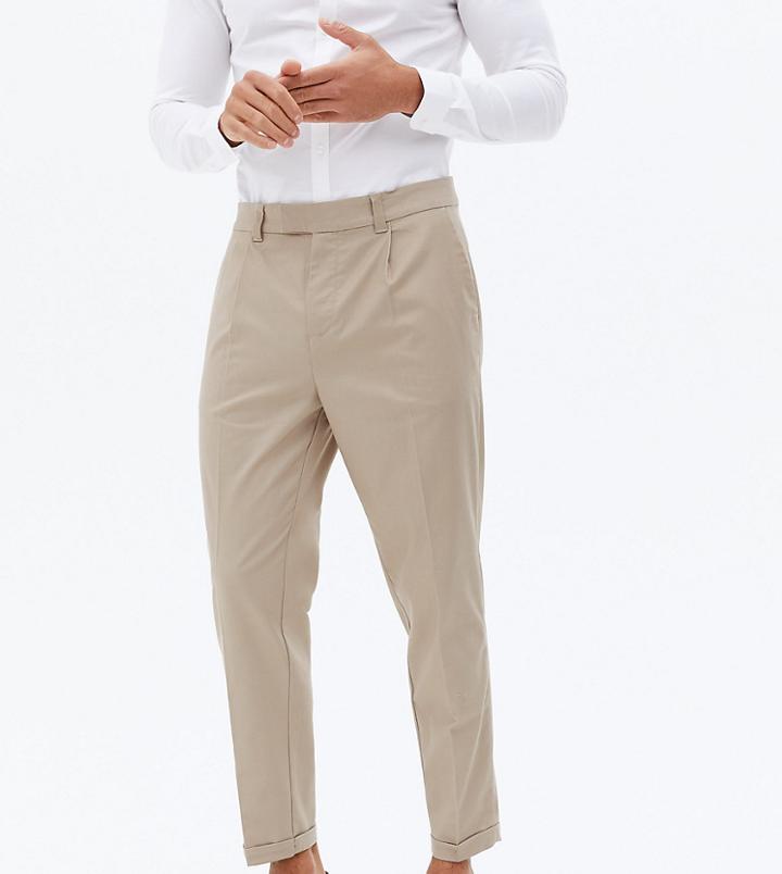 New Look Tapered Pleated Smart Pants In Stone-neutral