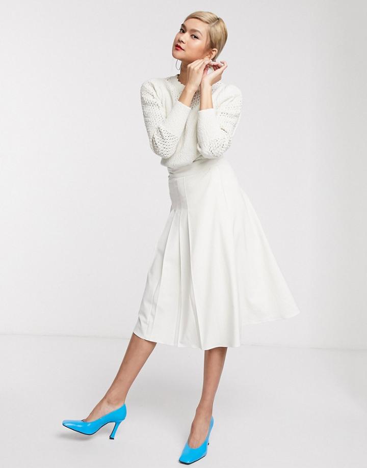 & Other Stories Pleated Midi Skirt With Split In Cream-white