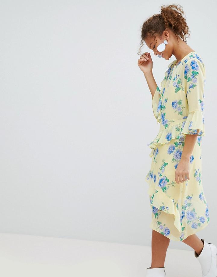 Miss Selfridge Floral Print Ruffle Midi Dress - Black